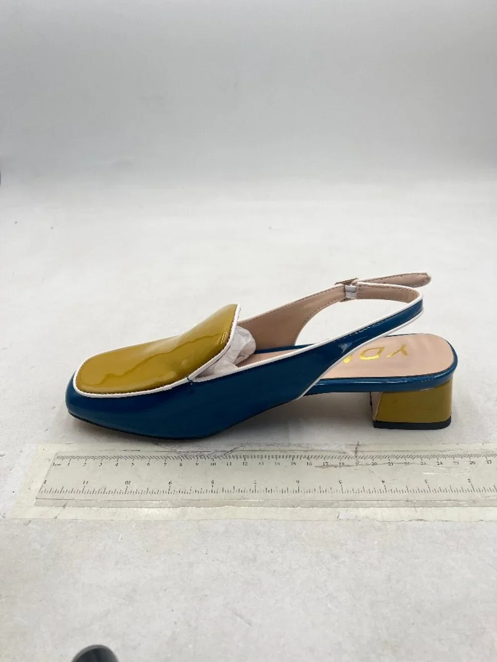 YDN Blue and Yellow Square Toe Block Low Heels Slingback Formal Loafer Shoes